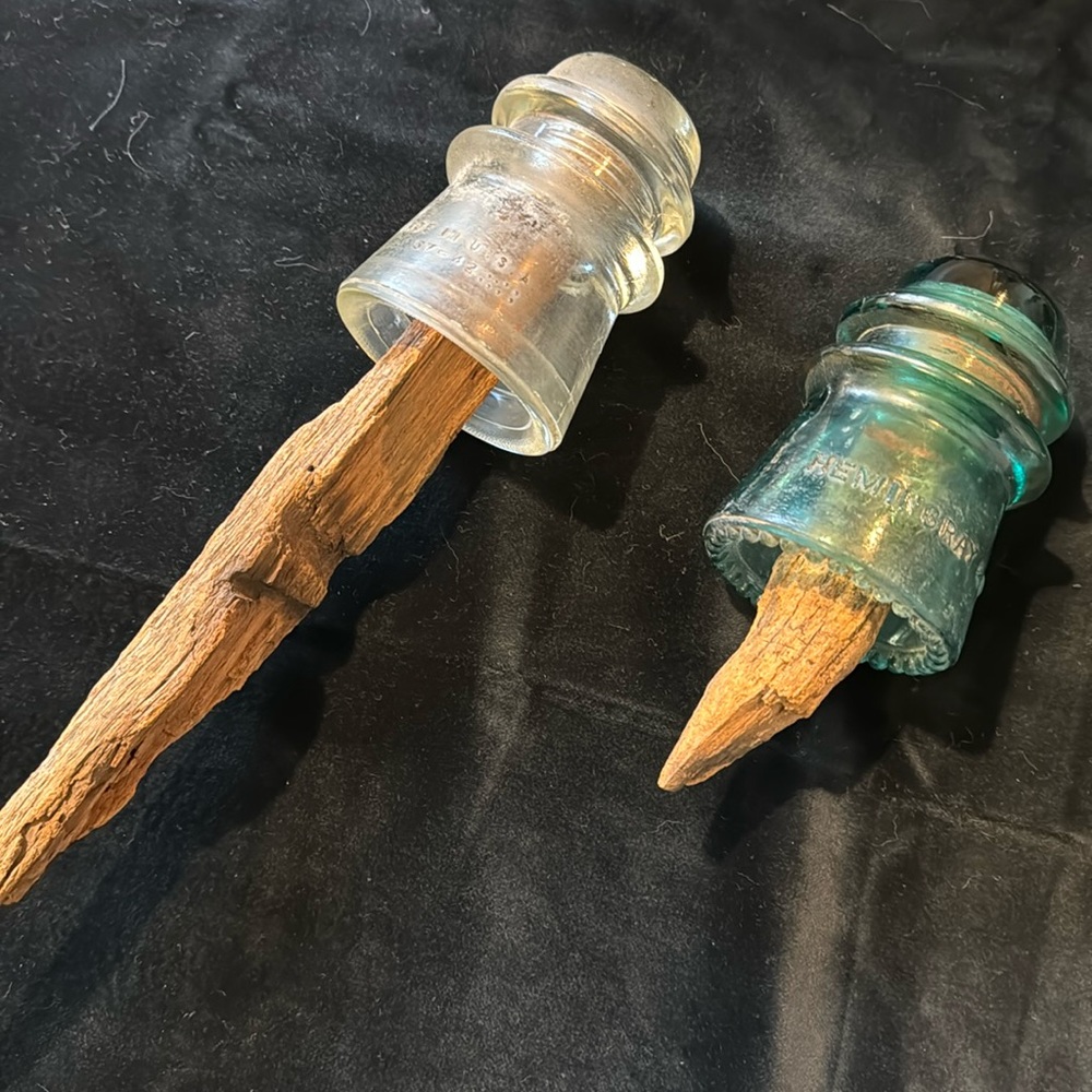 Vintage Insulators Pair Glass with Threaded Wood
